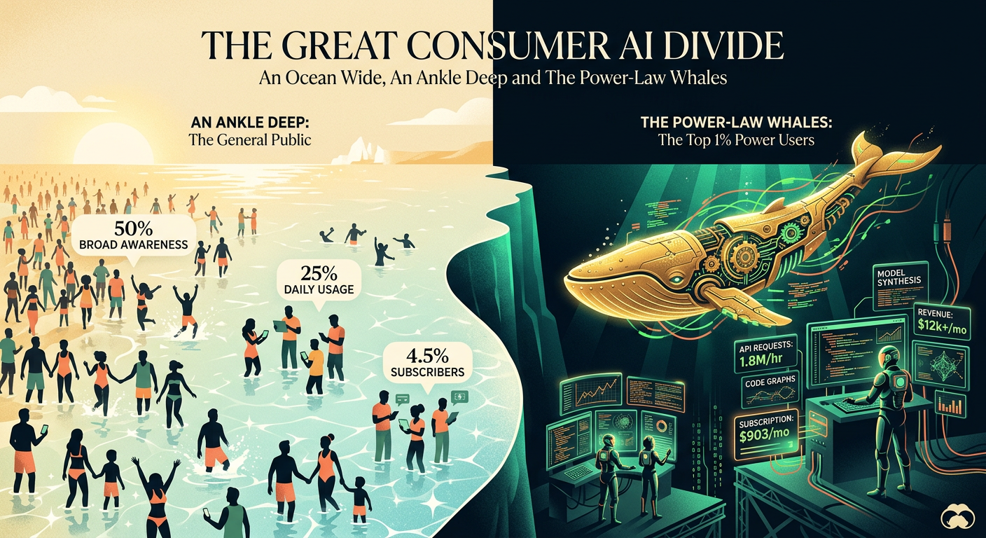 Editorial illustration of the consumer AI divide: casual surface shallows vs deep prosumer whale trench